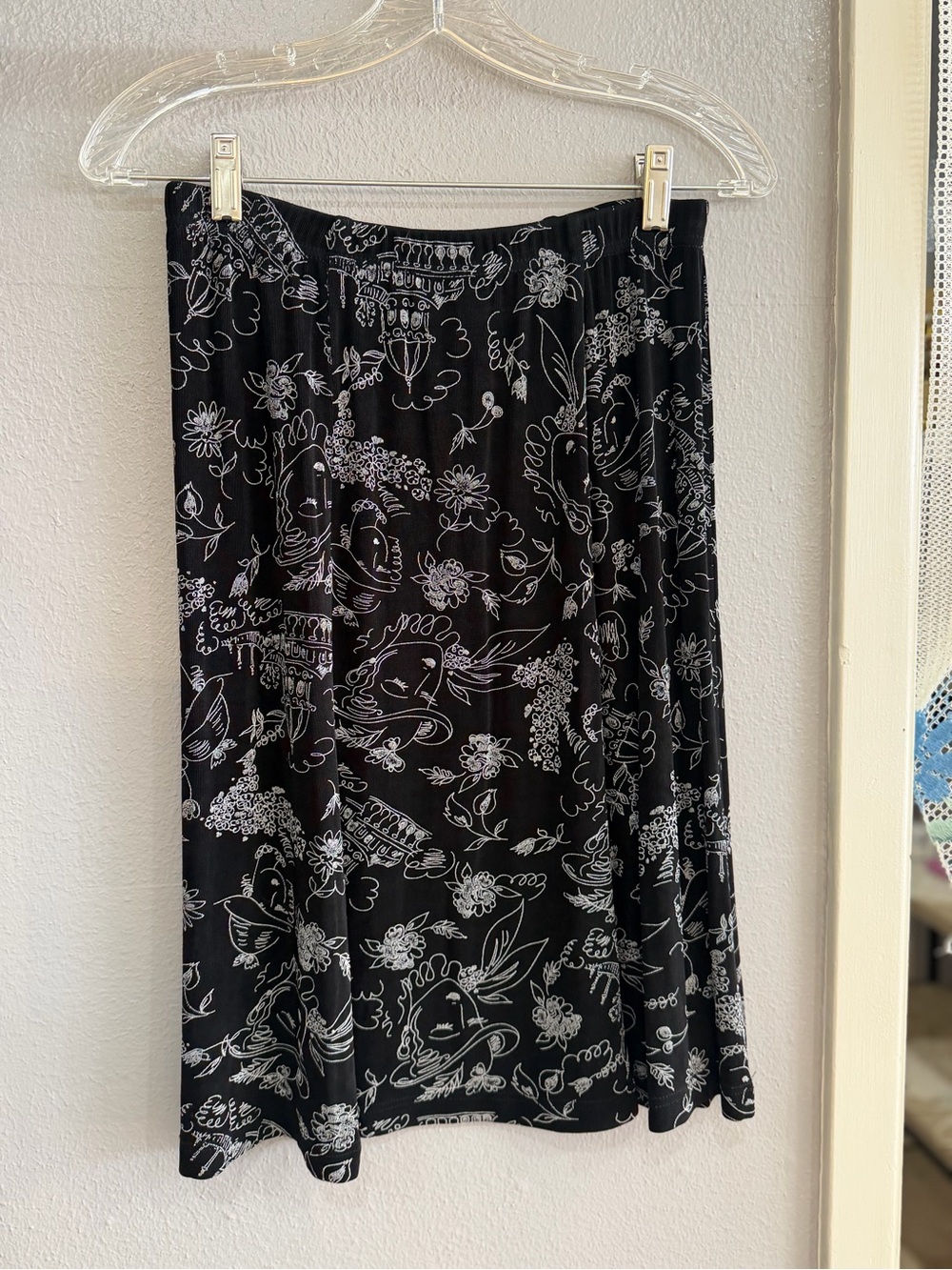 Coldwater Creek Black A-Line Skirt with White Floral & Face Print